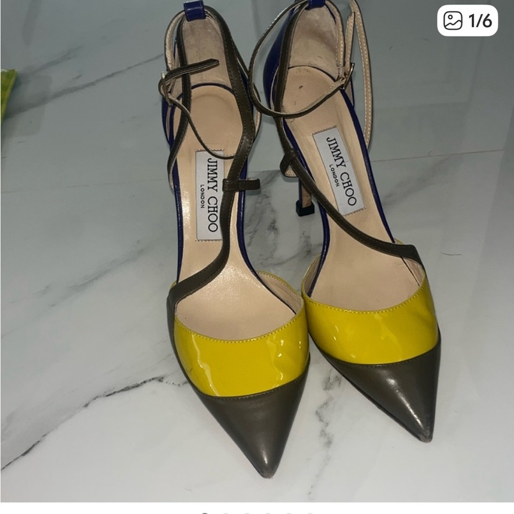 Jimmy Choo Yellow and Dark Gray Patent Pointed Slingback Heels